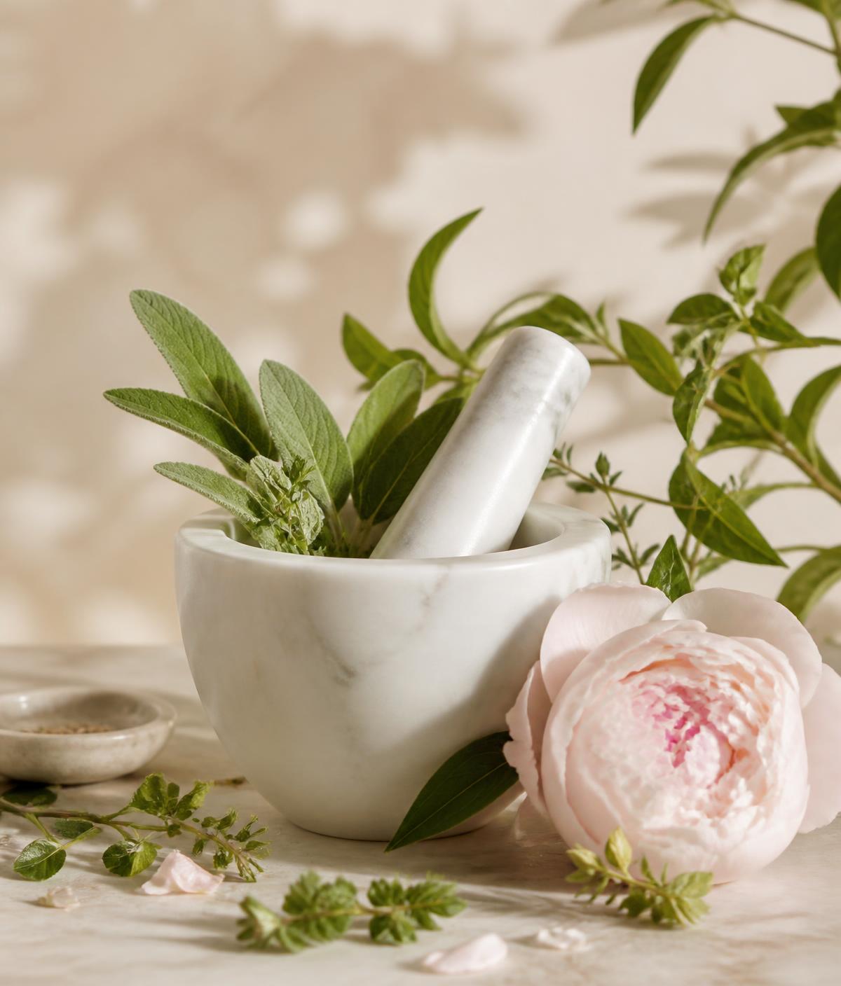 Marble mortar and pestle with fresh botanicals and a soft blush bloom